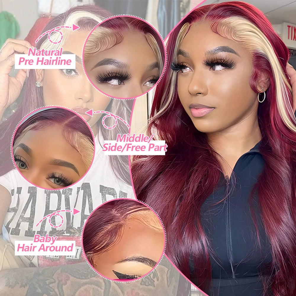 99J/613 Colored Highlight 13x4 Hd Transparent Straight Lace Front Wigs Omber Blonde With Burgundy Red Human Hair Wigs Brazilian