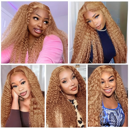34-38 Inch Honey Blonde Wig Human Hair Deep Wave 13x6 Hd Lace Frontal - 230 Density Preplucked #27 Colored Curly Lace Front Wig