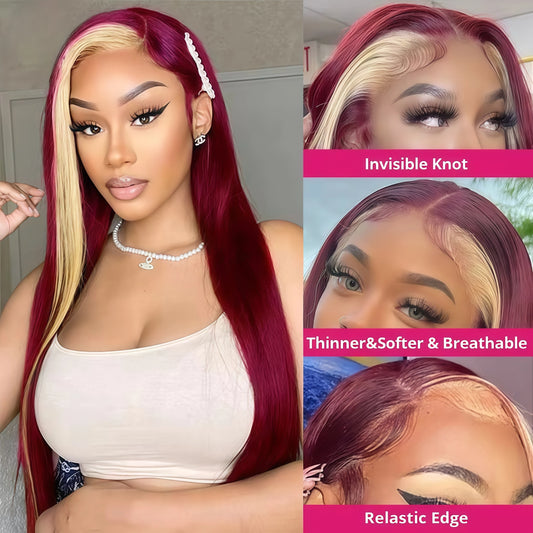 99J/613 Colored Highlight 13x4 Hd Transparent Straight Lace Front Wigs Omber Blonde With Burgundy Red Human Hair Wigs Brazilian