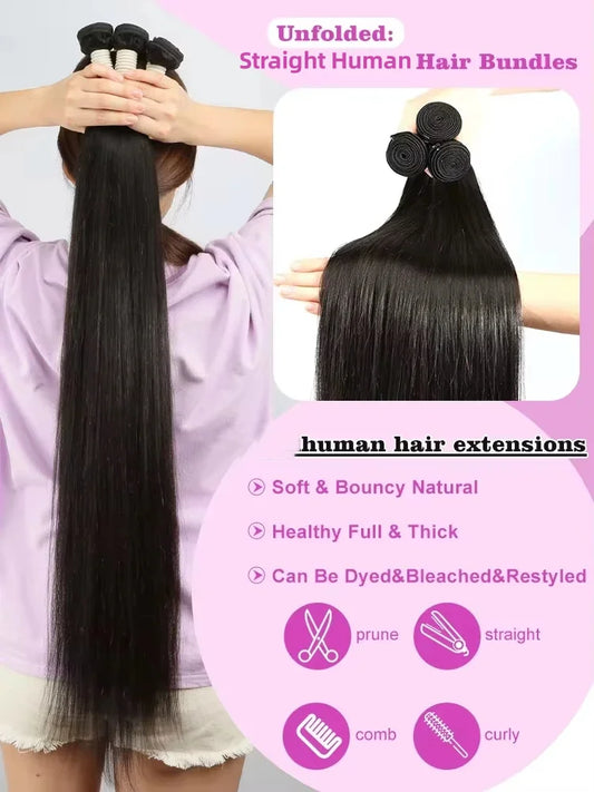 26 28 30 40 Inches Straight Human Hair Bundles Brazilian Raw Remy Weave Unprocessed Extension Weft Natural Black For Women