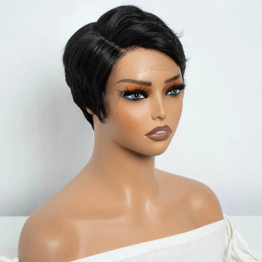Lekker Black Short Pixie Cut 13X1 C Part Lace Front 100% Human Hair Wigs For Women Glueless Brazilian Remy Hair Straight Wigs