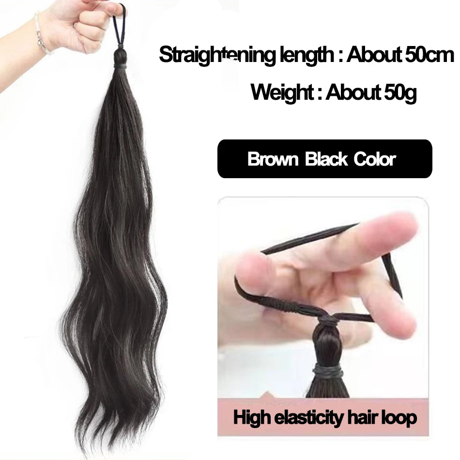 Long Wavy Synthetic Self-Winding Ponytail Hair Extensions With Elastic Rubber Band Braided Hair Bundle For Women Increase Hair