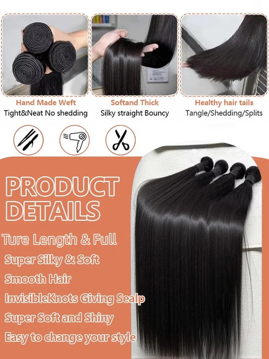 26 28 30 40 Inches Straight Human Hair Bundles Brazilian Raw Remy Weave Unprocessed Extension Weft Natural Black For Women