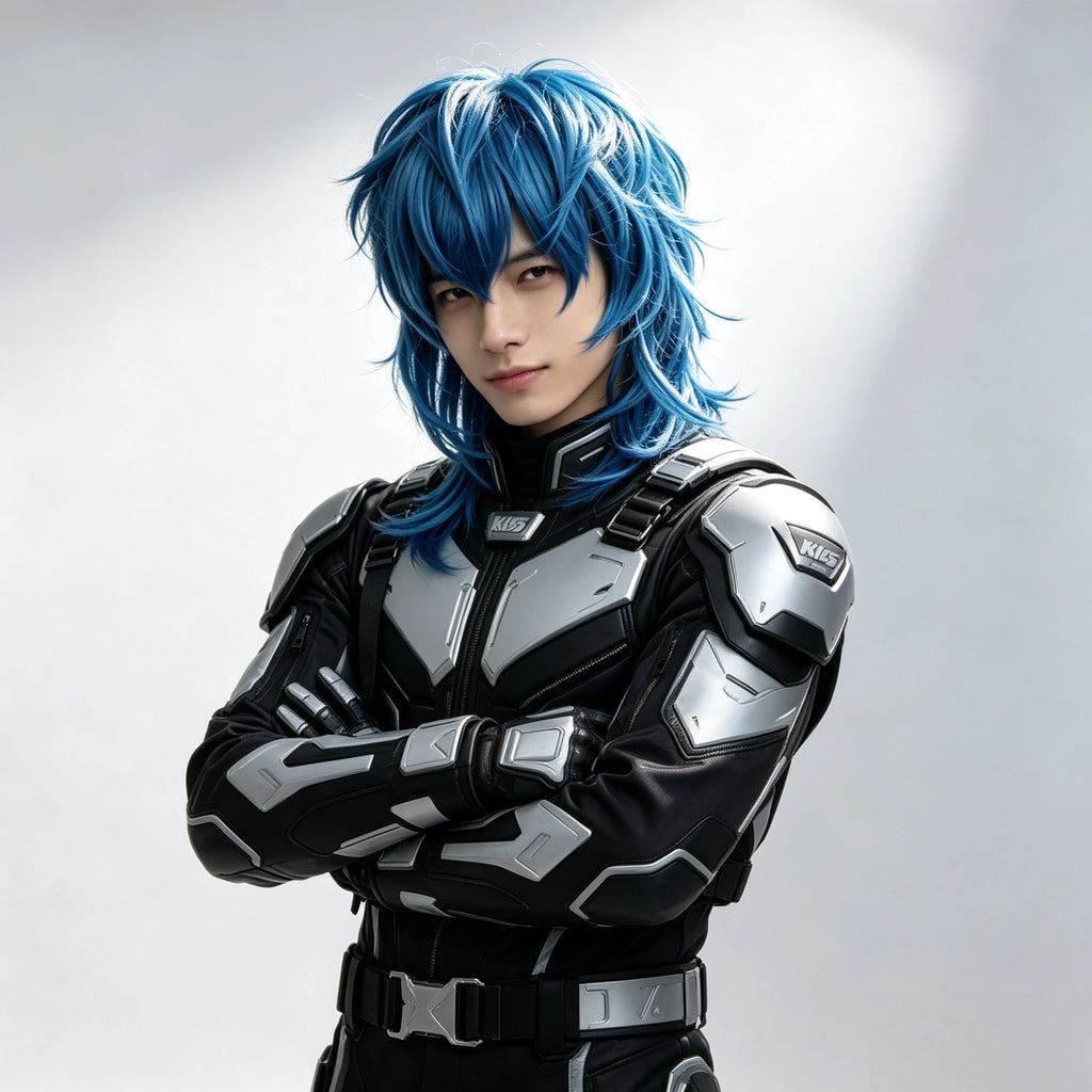 Artificial medium-length straight blue Salic cosplay hairstyle with bangs ,birthdays，role-playing synthetic wig