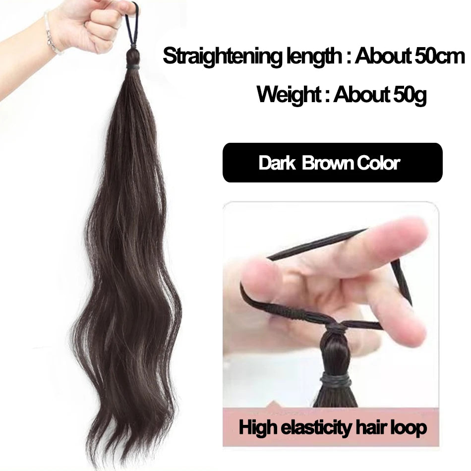 Long Wavy Synthetic Self-Winding Ponytail Hair Extensions With Elastic Rubber Band Braided Hair Bundle For Women Increase Hair