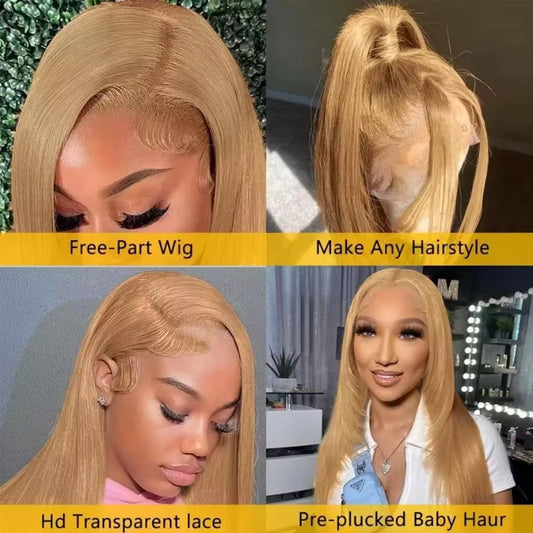 Straight Honey Blonde Wig 13x6 13x4 Hd Lace Frontal Wigs 30 36 Inch 200% Density #27 Blonde Colored Human Hair Wigs Pre Plucked