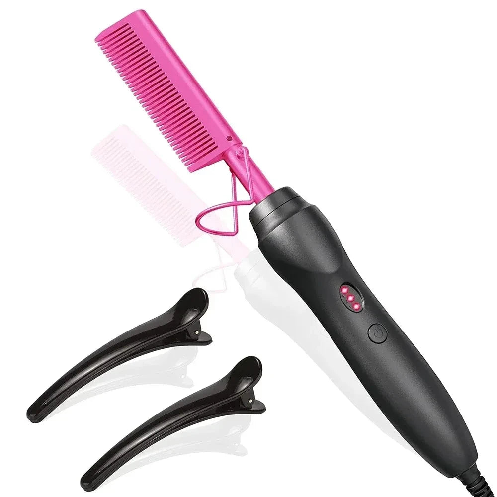 Pink Hot Comb Electric Hot Comb Heating Pressing Hair Straightening Iron for Hair Beard Wigs Wet and Dry Hair Styling Tools