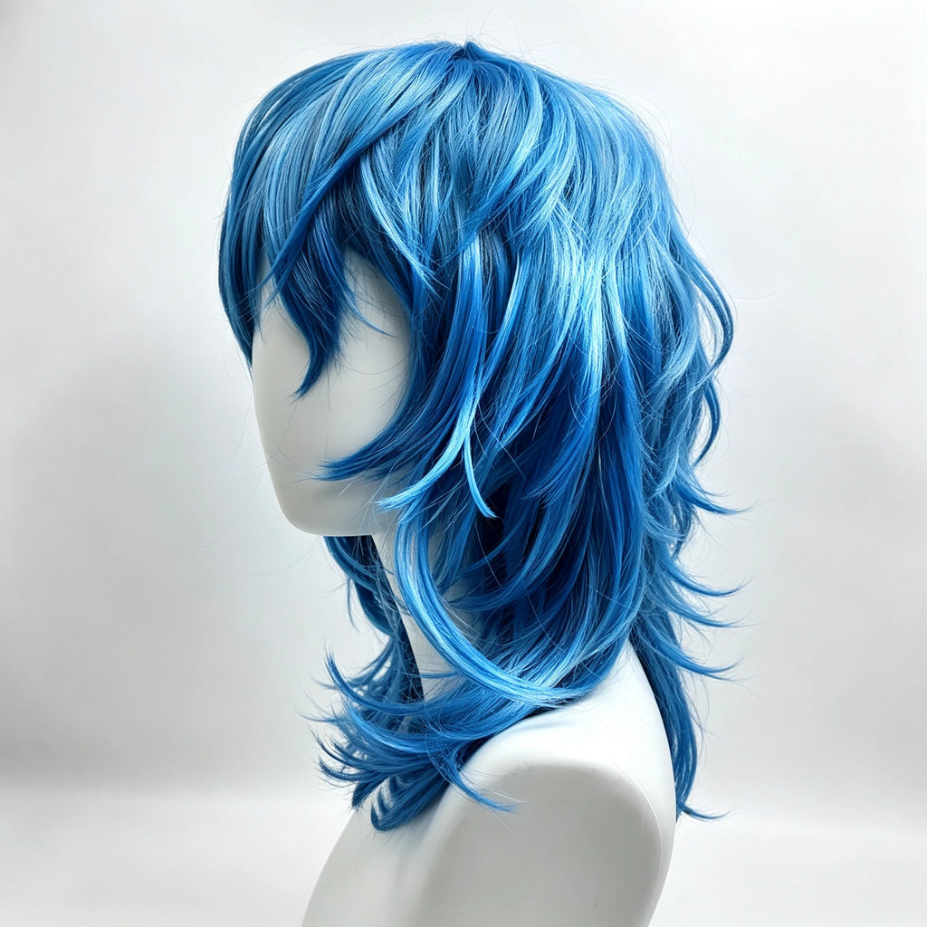 Artificial medium-length straight blue Salic cosplay hairstyle with bangs ,birthdays，role-playing synthetic wig