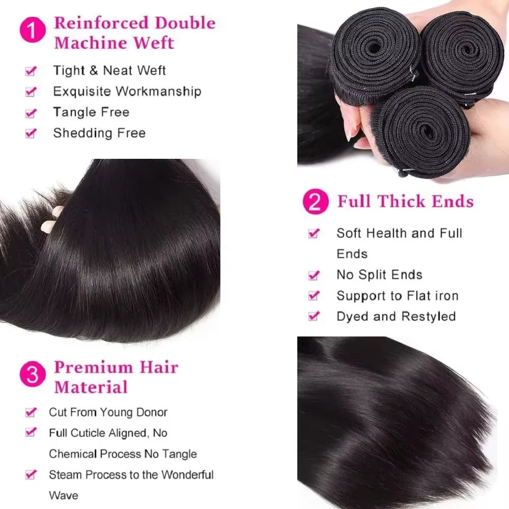 16A Bone Straight Human Hair Bundle Brazilian Remy 100% Unprocessed Remy Human Hair Extension Natural Black Double Weft Durable