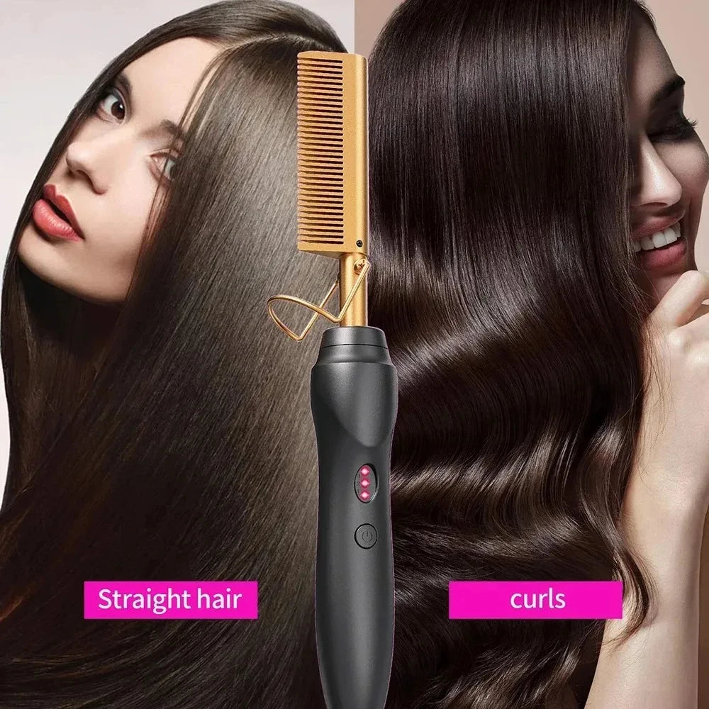 Pink Hot Comb Electric Hot Comb Heating Pressing Hair Straightening Iron for Hair Beard Wigs Wet and Dry Hair Styling Tools