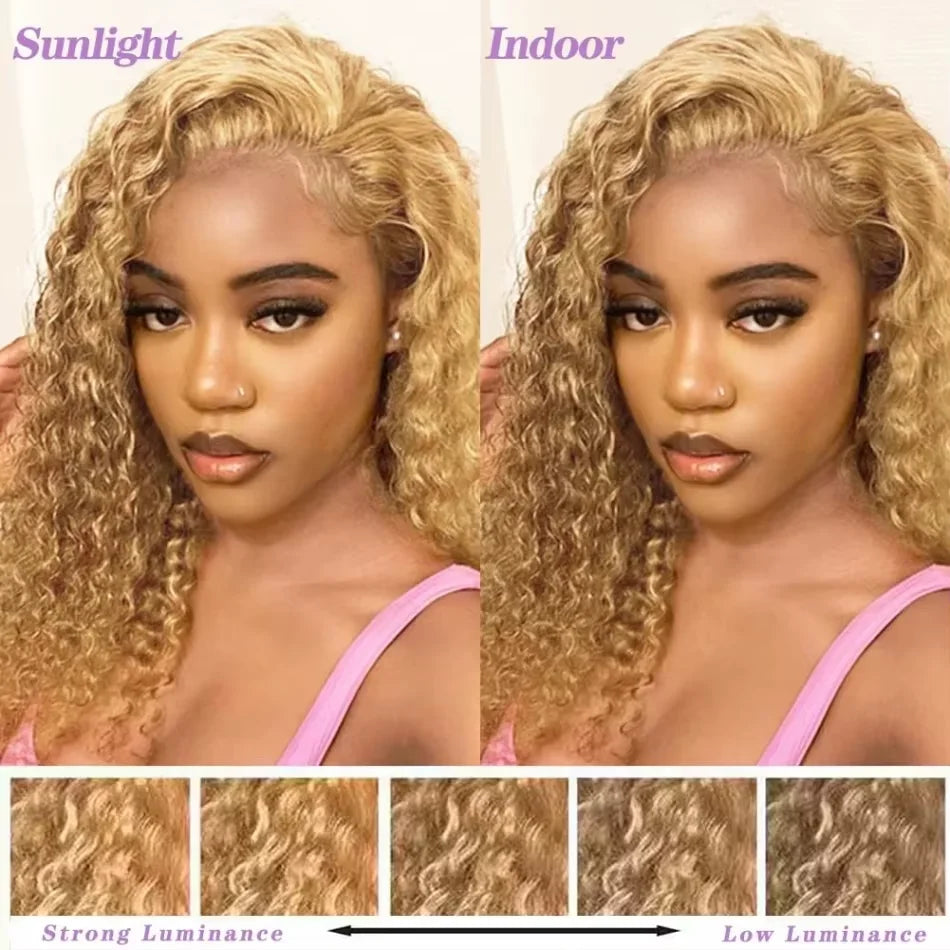 34-38 Inch Honey Blonde Wig Human Hair Deep Wave 13x6 Hd Lace Frontal -  230 Density Preplucked #27 Colored Curly Lace Front Wig