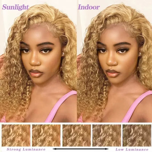 34-38 Inch Honey Blonde Wig Human Hair Deep Wave 13x6 Hd Lace Frontal -  230 Density Preplucked #27 Colored Curly Lace Front Wig