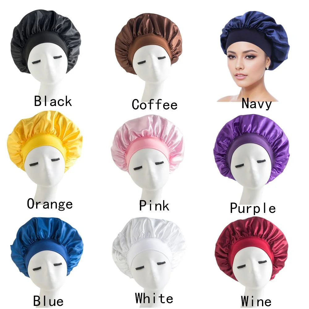 Soft Long Hair Care Bonnet Imitation Silk Solid Satin Satin Shower Caps Large Elastic Edge Wrap Hair Care Hats for Women