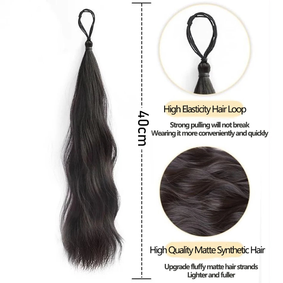 Long Wavy Synthetic Self-Winding Ponytail Hair Extensions With Elastic Rubber Band Braided Hair Bundle For Women Increase Hair