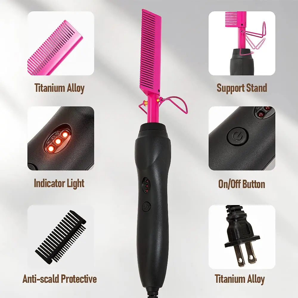Pink Hot Comb Electric Hot Comb Heating Pressing Hair Straightening Iron for Hair Beard Wigs Wet and Dry Hair Styling Tools