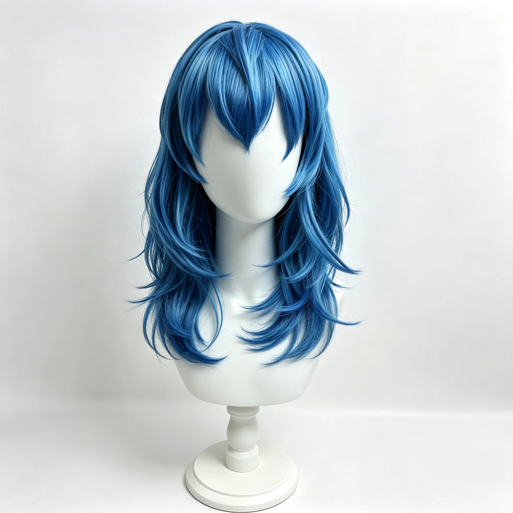 Artificial medium-length straight blue Salic cosplay hairstyle with bangs ,birthdays，role-playing synthetic wig