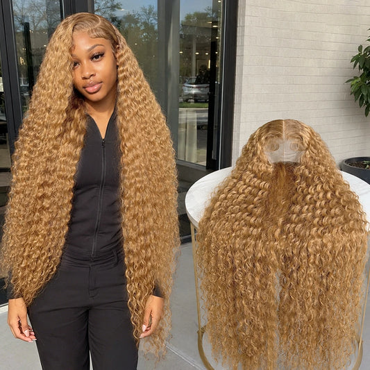 34-38 Inch Honey Blonde Wig Human Hair Deep Wave 13x6 Hd Lace Frontal -  230 Density Preplucked #27 Colored Curly Lace Front Wig