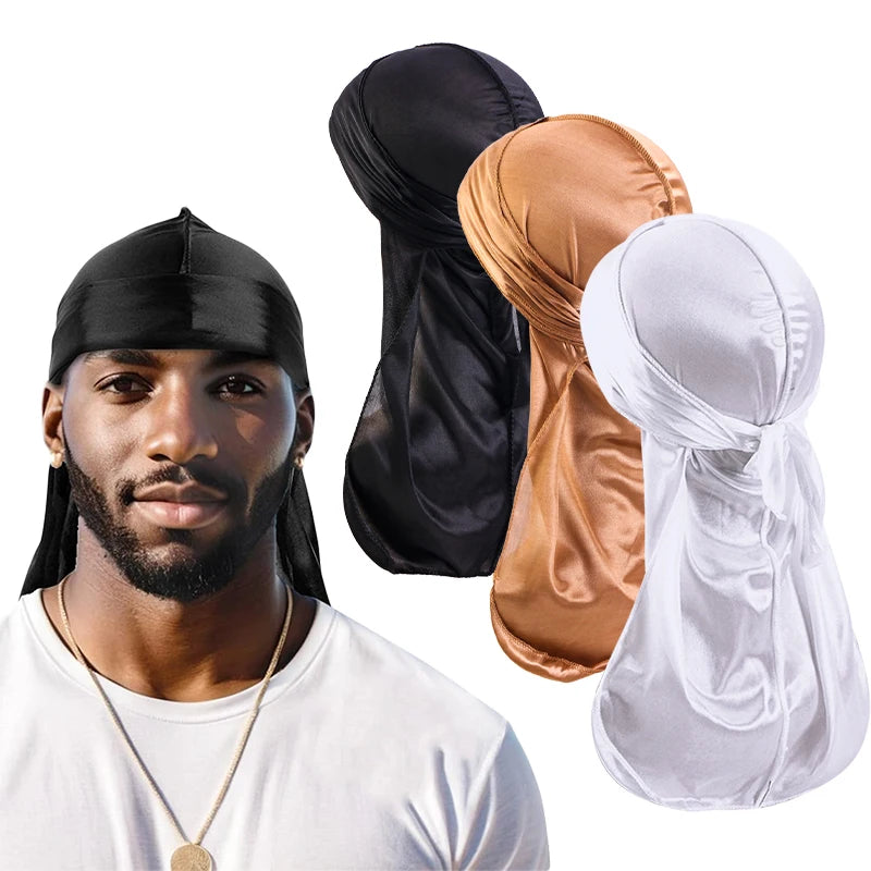 Unisex Silky Long Tail Durag Pirate Hat Turban Fashion Headwraps Cap Bandana Women Men Headwear Caps Hijab Hair Accessories  ﻿