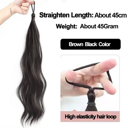 Long Wavy Synthetic Self-Winding Ponytail Hair Extensions With Elastic Rubber Band Braided Hair Bundle For Women Increase Hair