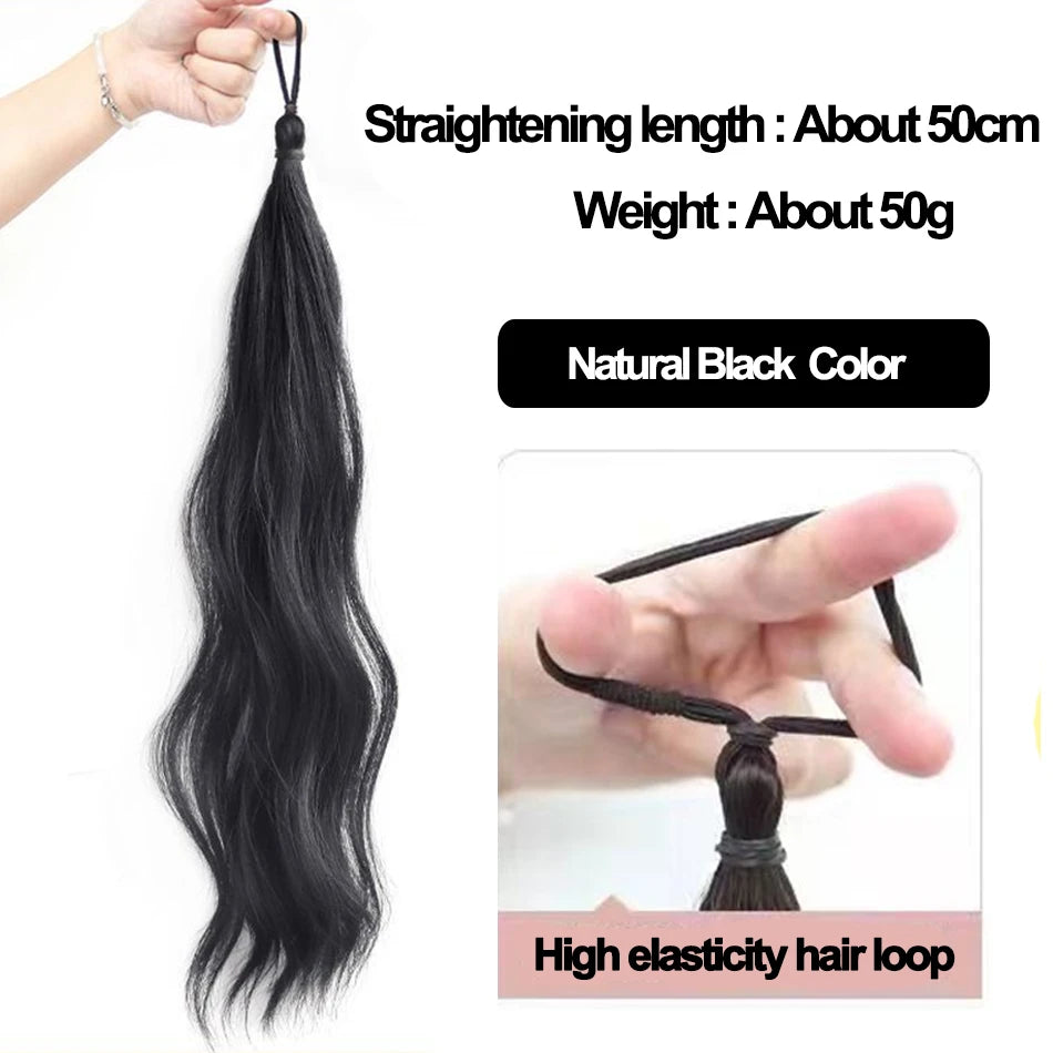 Long Wavy Synthetic Self-Winding Ponytail Hair Extensions With Elastic Rubber Band Braided Hair Bundle For Women Increase Hair