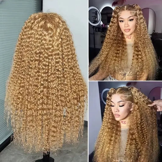 34-38 Inch Honey Blonde Wig Human Hair Deep Wave 13x6 Hd Lace Frontal -  230 Density Preplucked #27 Colored Curly Lace Front Wig
