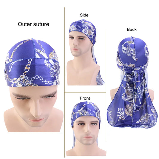 New Silk Cashew Printed Durag Turban For Women Men Bandanas Headwear Silky Rag Long Tail Pirate Hat Caps Hair Accessories