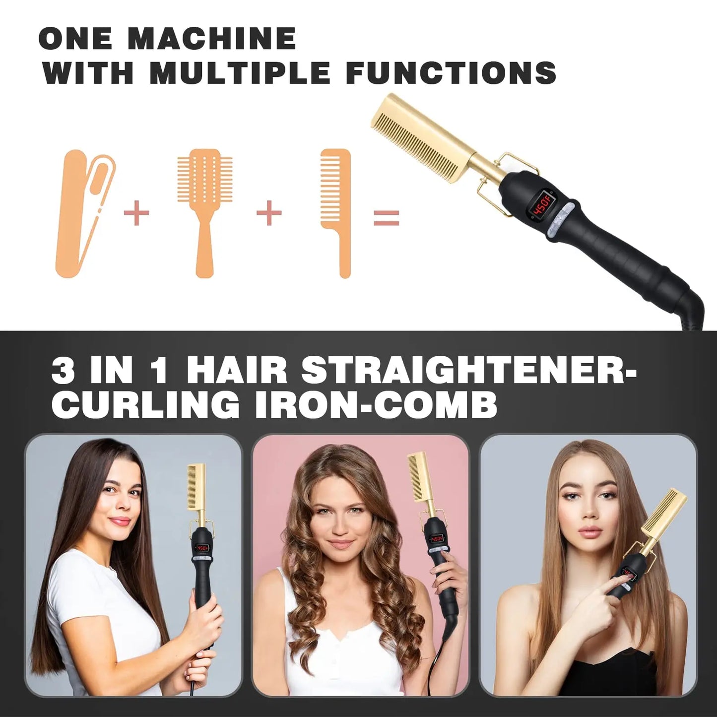 UNTIOR 3 in 1 Straightening Comb Multifunctional Hair Portable Travel Ceramic Comb Electric Hair Straightener for Hair and Wigs