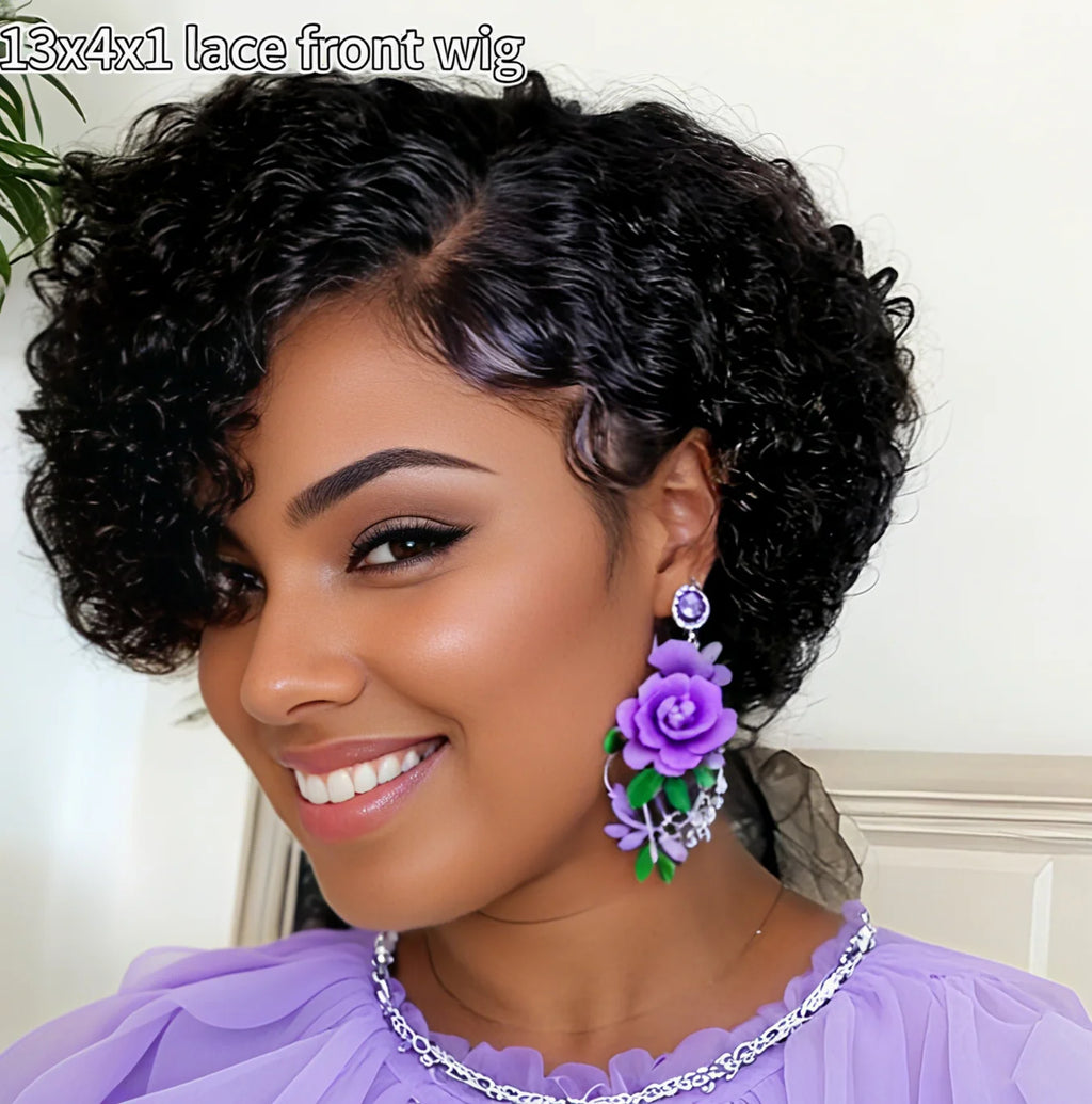 Pixie Cut Wig Human Hair Water Wave Wig 13x4x1 Lace Front Wigs Short Curly Natural Wigs for Woman