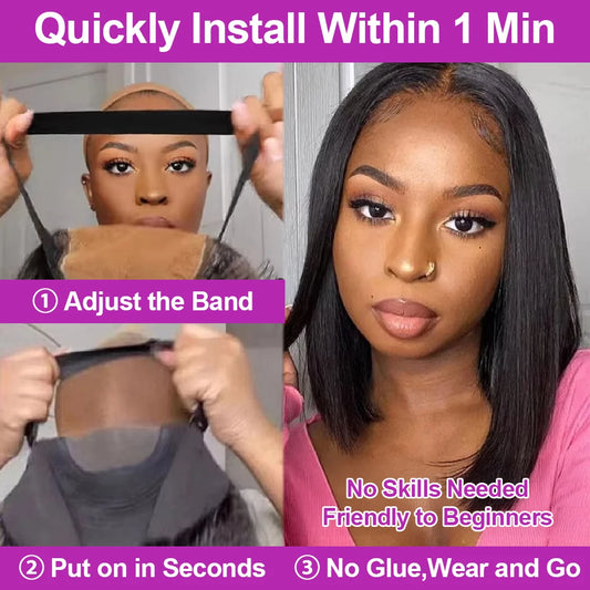 Brazilian Human Hair Bob Wigs Glueless HD Lace Front Wig No Glue Short Bone Straight Lace Frontal Wig Ready to Wear 250 Density